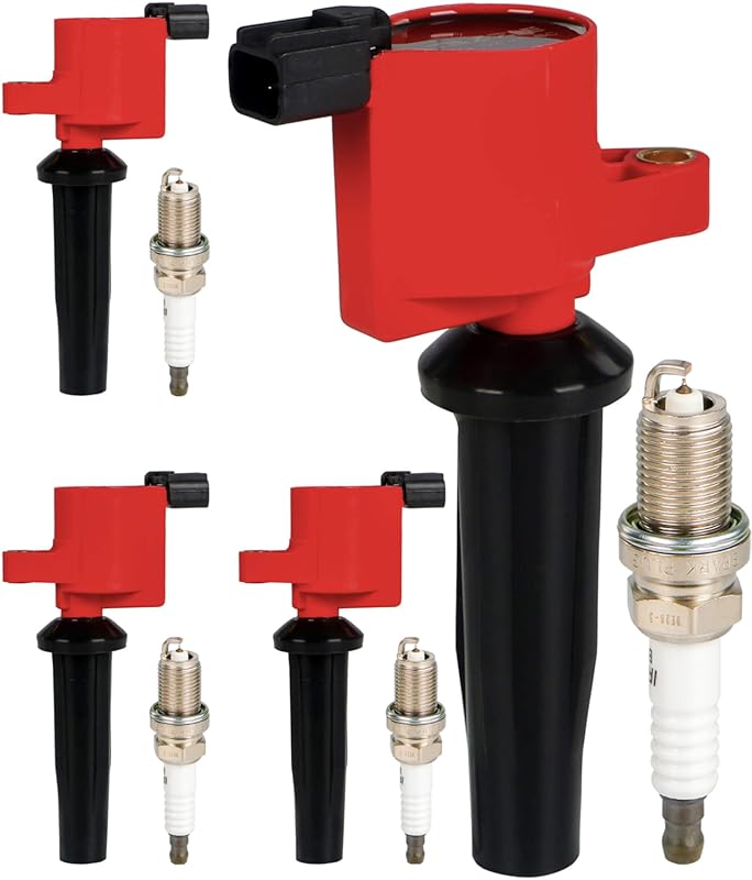Red Ignition Coil FD505 DG507 and Iridium Spark Plugs for Ford Escape,