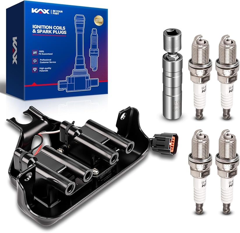 KAX Ignition Coil & 4 Iridium Spark Plugs Kit w/ Magnetic Socket for M